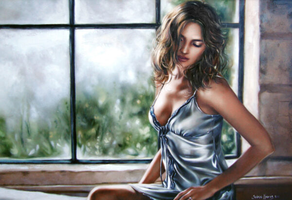 Vulnerable - Giclée print of oil painting of a woman with wavy hair sitting by a foggy window, wearing a silky dress. The light and her serene expression create a calm, reflective mood
