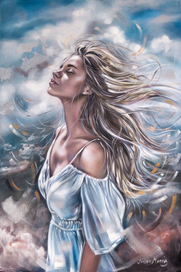 Inward Calm - Giclée print of oil painting of a woman with flowing hair, eyes closed, standing against a dreamy sky. She wears a light, off-shoulder dress, exuding peace and contentment