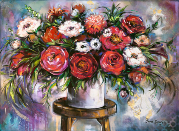 Joyful Arrangement - Giclée print of a vibrant floral oil painting depicting a lush bouquet of red, pink, and white flowers with green leaves in a white vase, set against a colorful abstract background