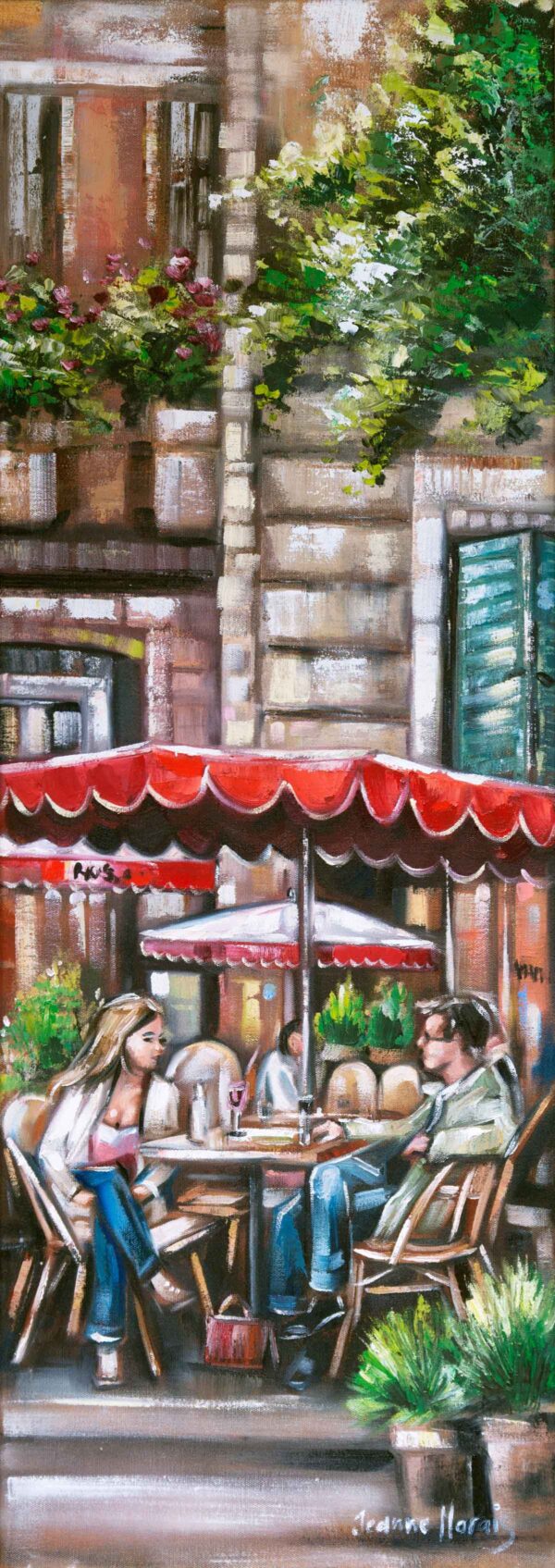 Just Business one - Giclée print of oil painting of a couple siting at an outdoor café under a red umbrella, surrounded by lush greenery and charming stone architecture, conveying a relaxed, intimate atmosphere
