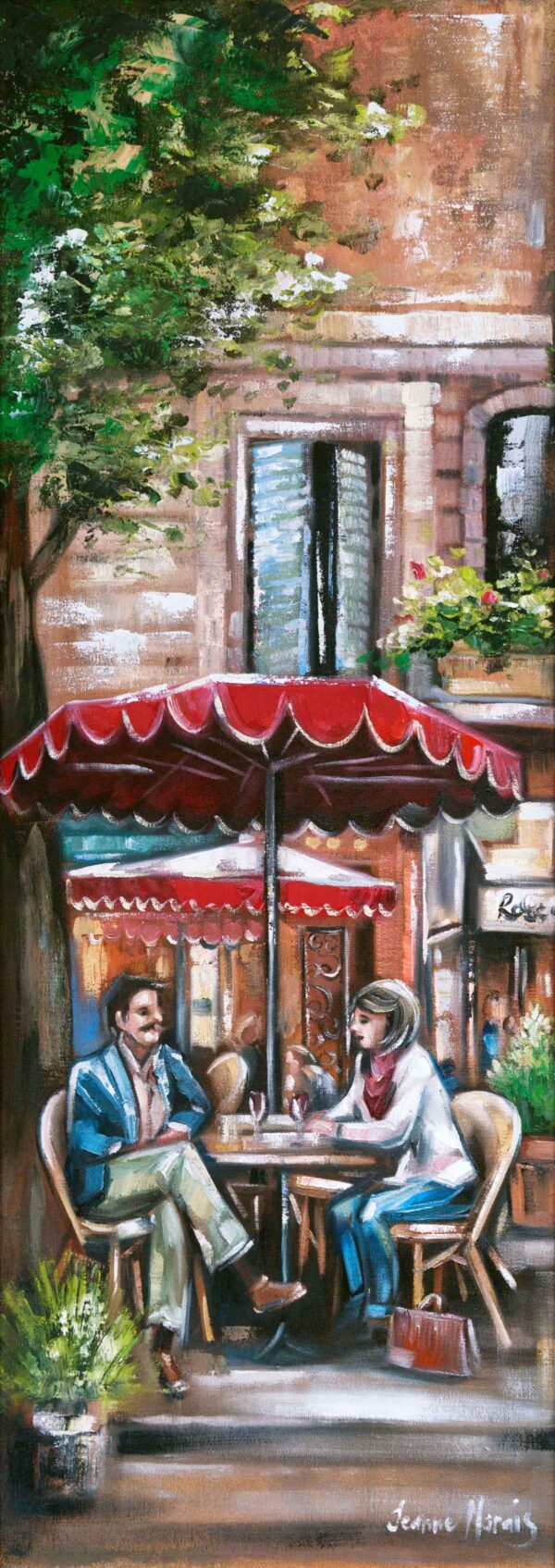 Just Business two - Giclée print of oil painting of a street café scene with a man and woman seated at a table under a red awning. Lush greenery and a brick facade form the backdrop