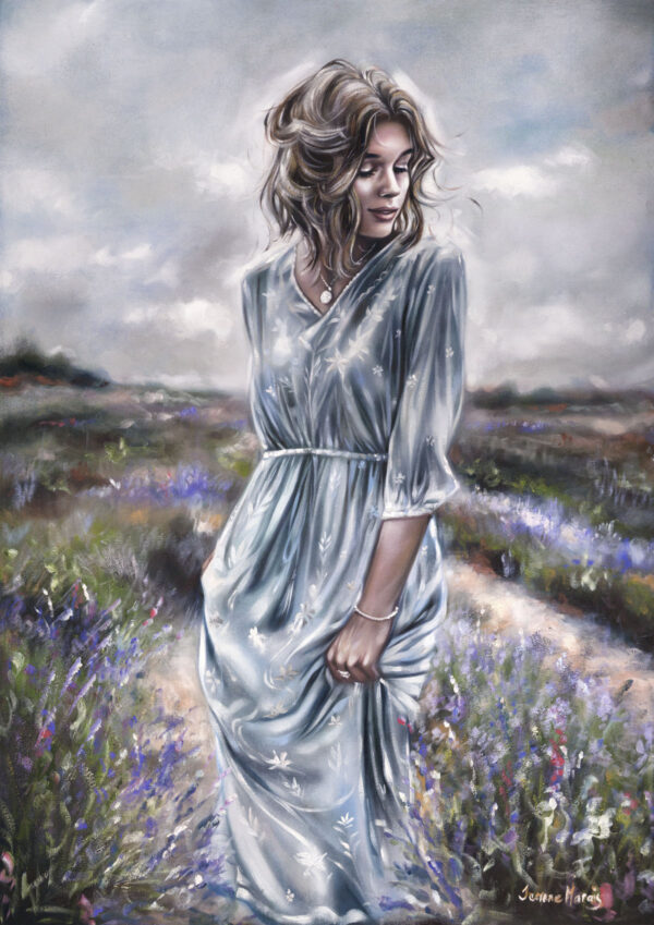 Lavender Leisure - Giclée print of oil painting of a woman in a light blue dress standing in a field of wildflowers under a cloudy sky. She looks down, conveying a serene, contemplative mood