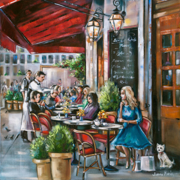 Lost Promise - Giclée print of oil painting of a lively outdoor café scene with patrons sitting at tables under a red canopy. A woman in blue sits alone, a small white dog beside her
