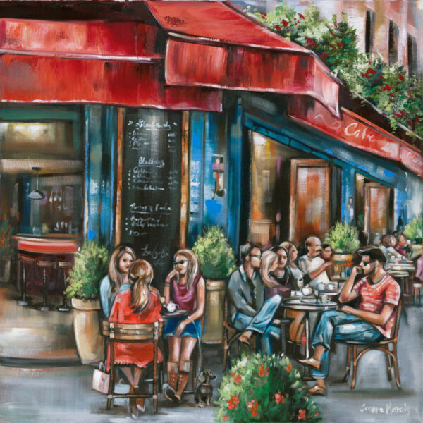 Old Friends - Giclée print of oil painting of a vibrant painting of a bustling outdoor café with people chatting and sipping coffee under a red awning. The atmosphere is lively and social