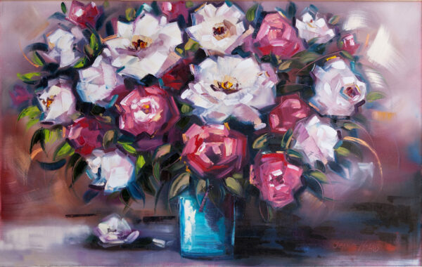 Pink & White Roses - Giclée print of oil painting of a lush bouquet with white and pink roses in a blue vase, set against a soft mauve background, conveying elegance and serenity