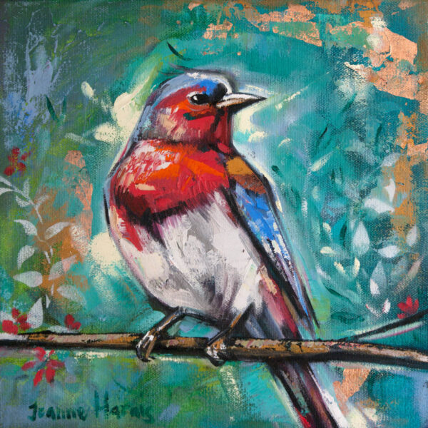 Red Birds left - Giclée Print of oil painting of a colorful bird with red, blue, and white feathers on a branch. Vibrant green and textured background with abstract floral patterns