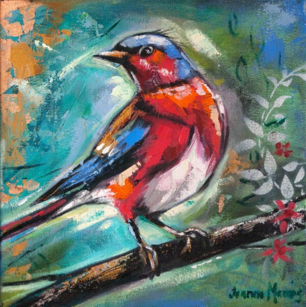 Red Birds right - Giclée Print of oil painting of a colorful bird with red, blue, and white feathers on a branch. Vibrant green and textured background with abstract floral patterns