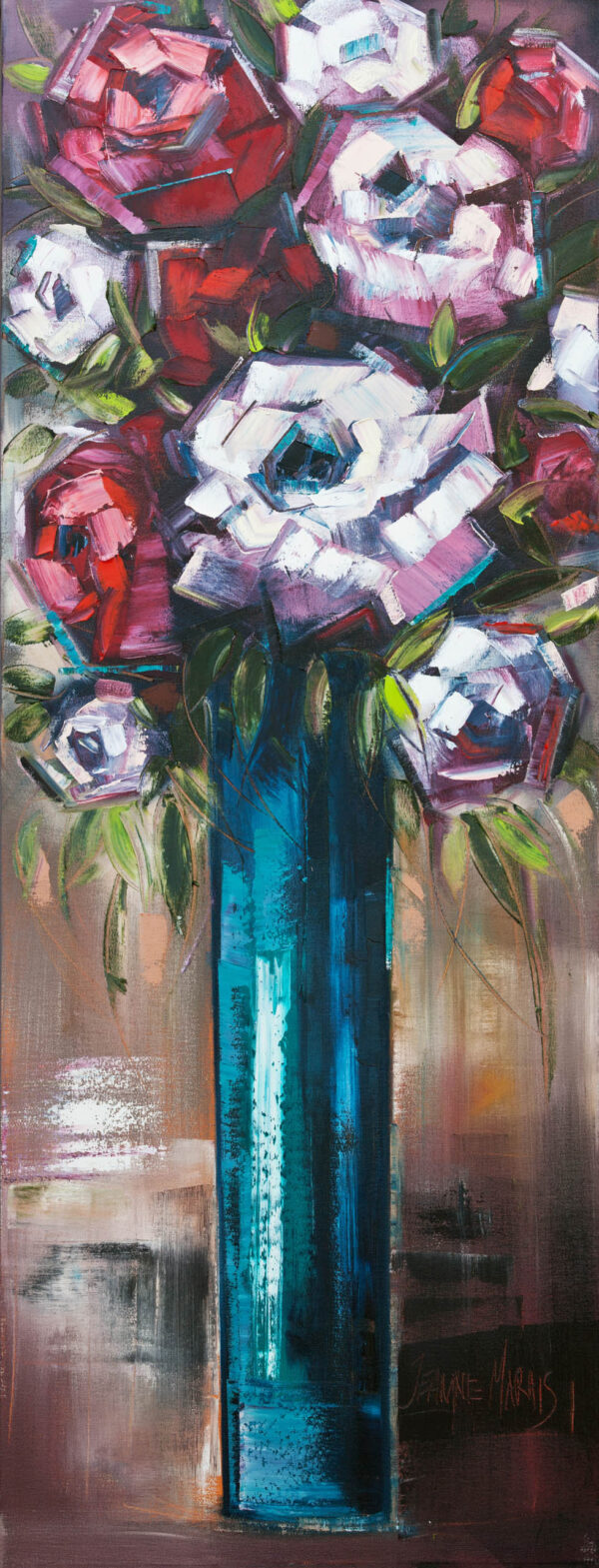 Red and White Roses Tall A - Giclée print of oil painting of a tall blue vase holding red and white abstract flowers with green leaves. The bold brushstrokes create a dynamic and lively feel