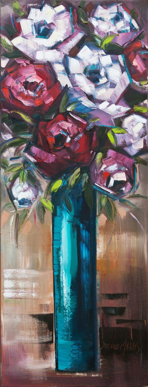 Red and White Roses Tall B - Giclée print of oil painting of a tall blue vase holding red and white abstract flowers with green leaves. The bold brushstrokes create a dynamic and lively feel