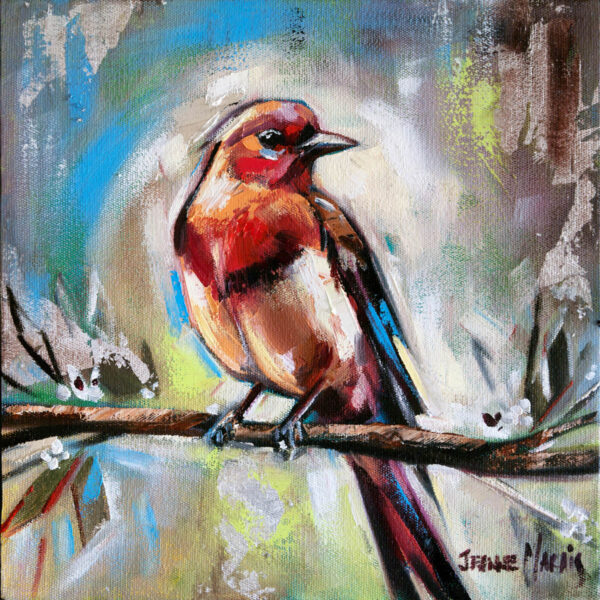 Red Feathers left - Giclée Print of a brightly colored bird with red, orange, and brown feathers perching on a branch in a vibrant, abstract background of blues and greens