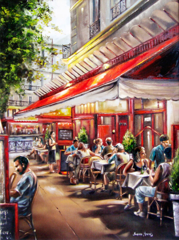 Regulars - Giclée print of oil painting of a lively Parisian cafe scene with people dining outdoors under a red awning, surrounded by greenery. The warm, inviting atmosphere suggests a sunny day