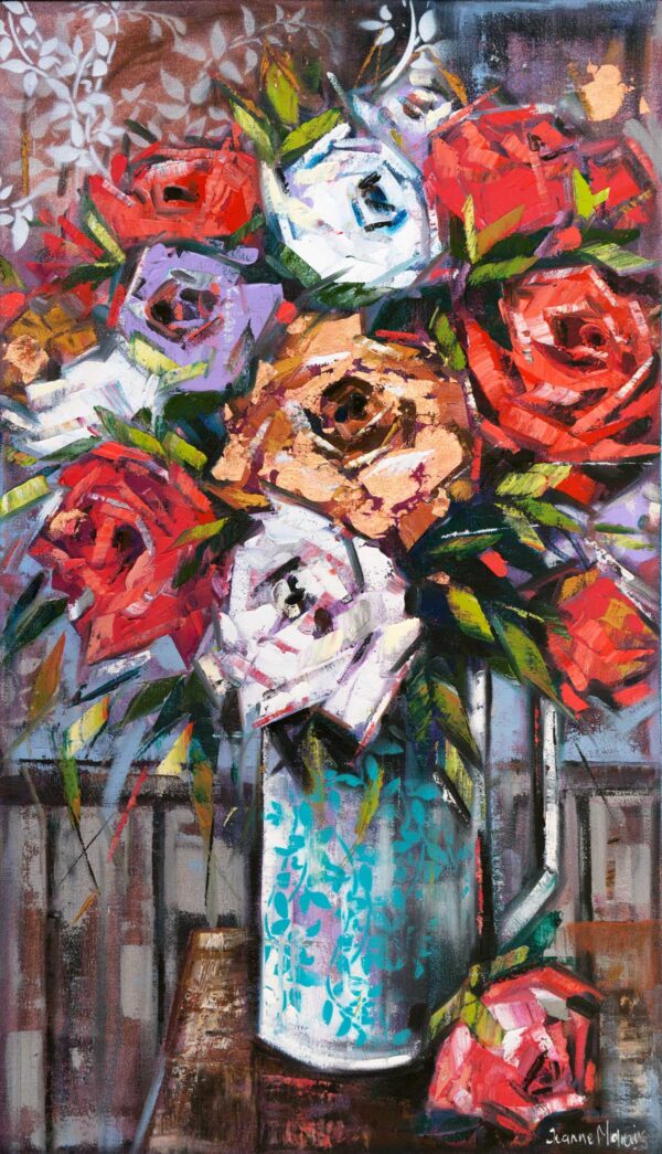 Rose Play - Giclée print of a vibrant painting featuring a bouquet of red, white, and peach roses in a blue floral vase. The style is abstract with bold brushstrokes, creating a lively, energetic mood