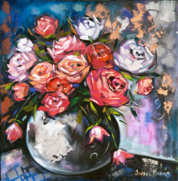 Rose Pretend - Giclée print of vibrant painting of a bouquet with pink, red, and white roses in a round vase. The background features bold, abstract patterns and rich blue tones