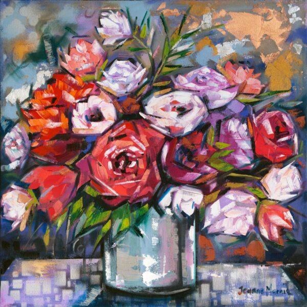 Rose Prime - Giclée print of a vibrant painting of a bouquet in a glass vase featuring red, pink, and white roses with green leaves. The background is abstract, creating a lively, artistic feel