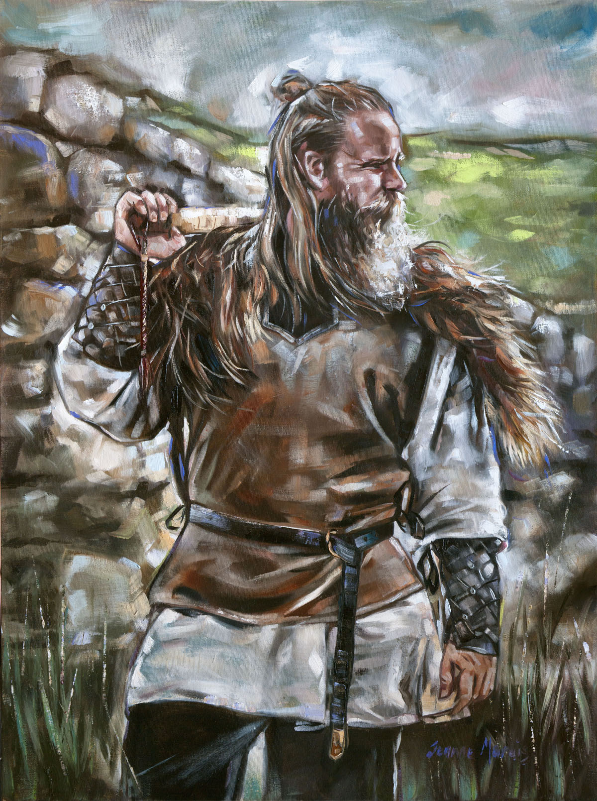 Sizing Up - Giclée print of oil painting of medieval warrior standing by a stone wall. He wears leather armor and fur, holding a weapon over his shoulder