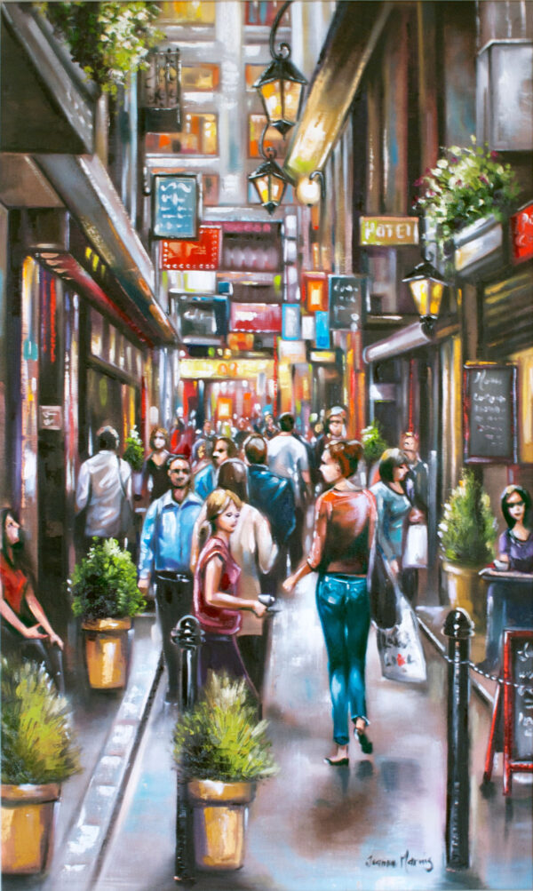 Street Life - Giclée print of oil painting of street scene painting of a bustling, narrow alley with a diverse crowd under warm streetlights. Colorful shop signs and plants add a lively vibe