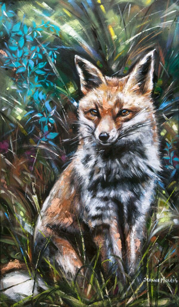 The Watcher - Giclée print of a fox sitting amid dense foliage, its sharp eyes gazing forward. The vibrant background of blue and green suggests a lively, natural setting