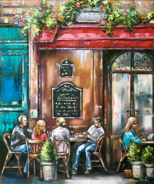 Treat to Chat - Giclée print of oil painting of people seated at outdoor café tables engage in conversation and leisure. A chalkboard menu, potted plants, and vibrant flowers create a lively, inviting scene