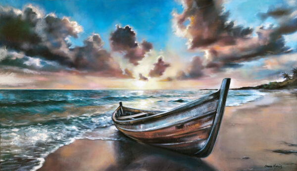 Fishing Memories - Giclée print of oil painting of a solitary wooden boat resting on a sandy shore, with waves gently lapping at its side. The sky is painted with vibrant sunset hues, casting dramatic clouds