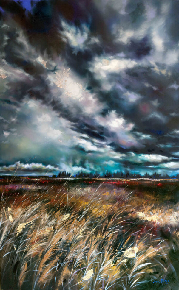 Gravid Clouds - Giclée print of oil painting of a dramatic, stormy sky with dark swirling clouds looming over a windswept field of tall grass in vibrant tones, evoking intensity and movement
