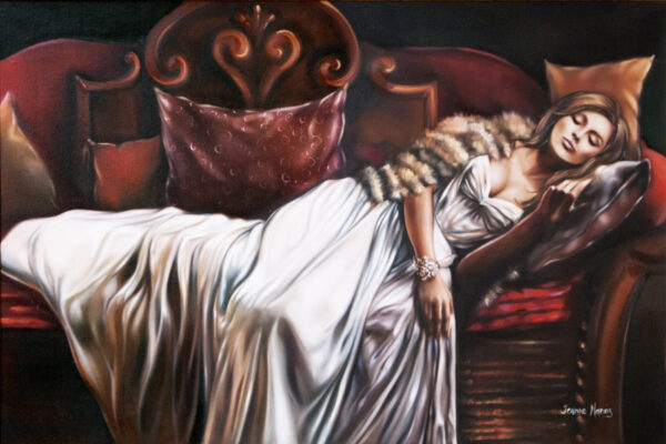 Lost Love - Giclée print of oil painting of a woman in a white gown and fur stole reclining asleep on a red sofa, conveying a serene elegant atmosphere