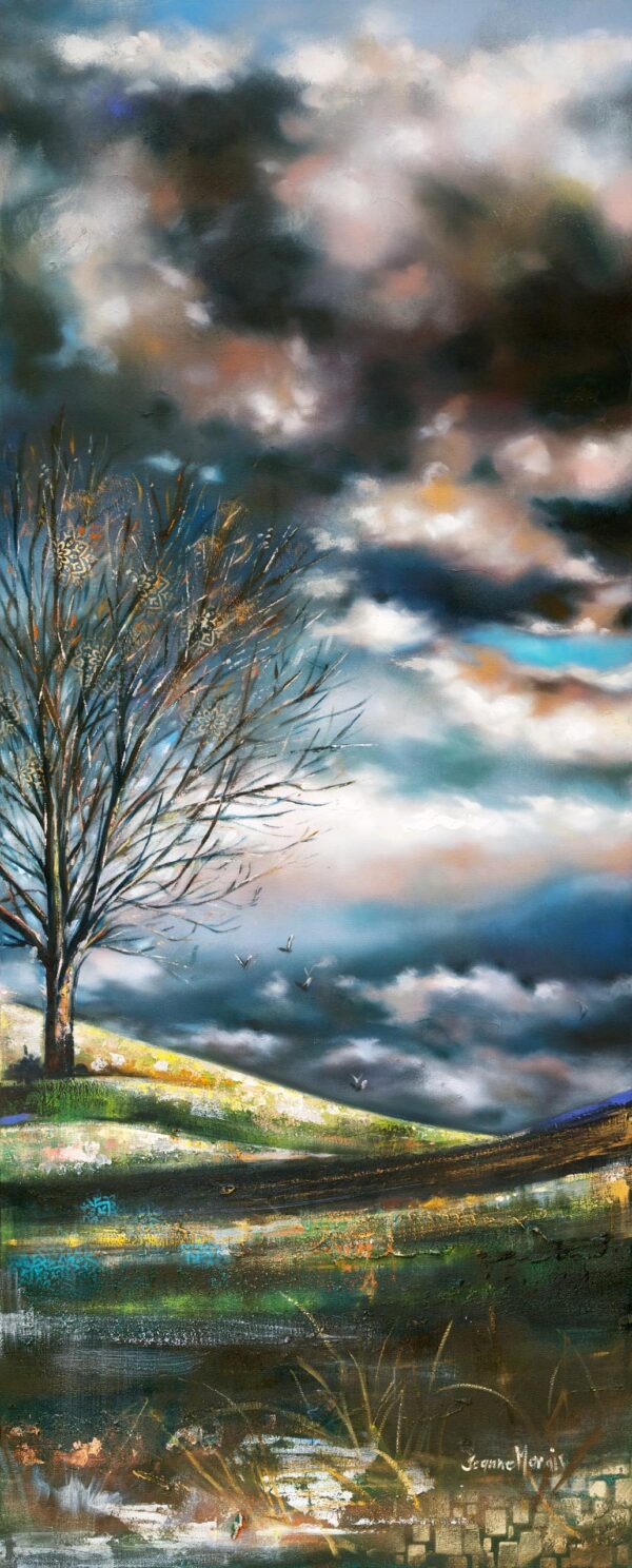 Old Landmark right - Giclée print of oil painting of a solitary tree on a rolling hill under a dramatic, cloud-filled sky.