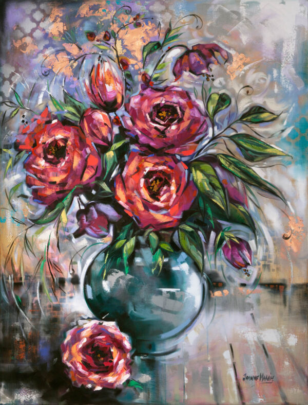 Painted Melody - Giclée print of vibrant painting of red and pink roses in a teal vase, with lush green leaves. A single rose rests on a table beside. Background is abstract and colorful.