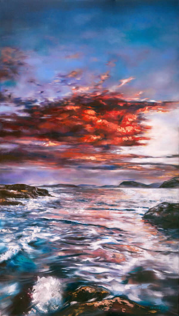Sailor's Delight - Giclée print of oil painting of a vibrant seascape painting depicting a dramatic sunset with fiery red clouds reflecting on the ocean waves, rocky foreground, creating a serene yet dynamic scene