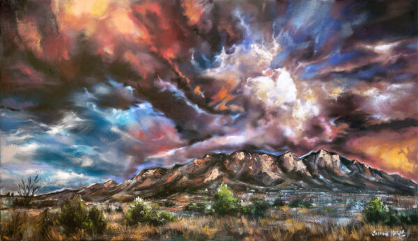 The Final Sunset - Giclée print of a dramatic landscape oil painting of a mountain under a vivid sunset sky. Intense clouds in red, orange, and blue with dynamic strokes create a powerful, evocative scene