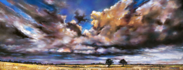 Two Lonely Trees - Giclée print of oil painting of dramatic, colorful clouds filling a vast sky over a golden field, conveying a sense of awe and grandeur. Two distant trees add depth to the landscape