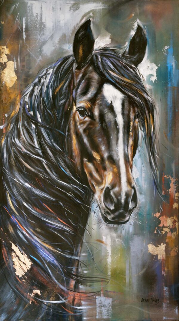 War Horse - Giclée print of vibrant oil painting of a horse with flowing mane, rich in blues and earth tones, against a textured, abstract background, exuding elegance and vitality