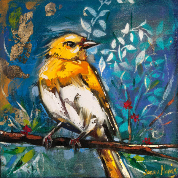 Yellow Birds left - Giclée Print of a vibrant painting of a yellow bird perched on a branch against a blue and green abstract background with leaves and red accents, evoking a lively, natural atmosphere