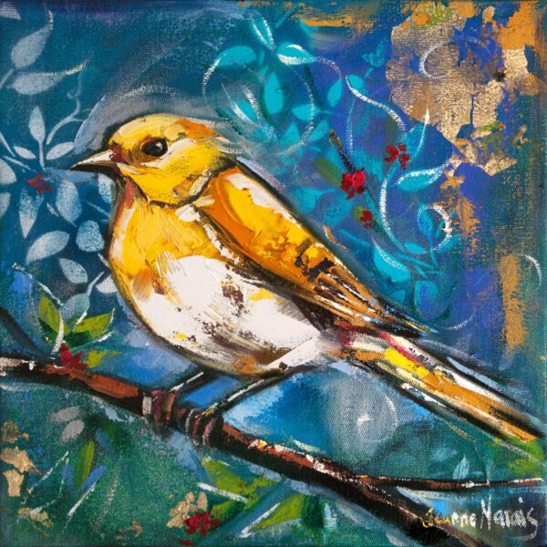Yellow Birds right - Giclée Print of a vibrant painting of a yellow bird perched on a branch against a blue and green abstract background with leaves and red accents, evoking a lively, natural atmosphere