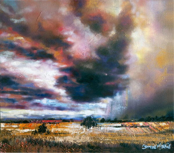 Indigo Downpour - Giclée print of a dramatic oil painting depicting a vast field under a turbulent, multicolored sky. Dark, swirling clouds suggest an approaching storm, creating a sense of tension.