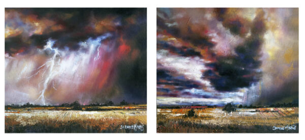 Set of two even-sized  40 cm x 35 cm Karoo landskapes: Indigo Downpour: Dramatic oil painting depicting a vast field under a turbulent, multicolored sky. Dark, swirling clouds suggest an approaching storm, creating a sense of tension. Karoo Rumble: Dramatic oil painting of a stormy landscape. Lightning illuminates dark clouds in hues of red, orange, and purple, evoking intensity.
