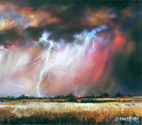 Karoo Rumble - a dramatic oil painting of a stormy landscape. Lightning illuminates dark clouds in hues of red, orange, and purple, evoking intensity.