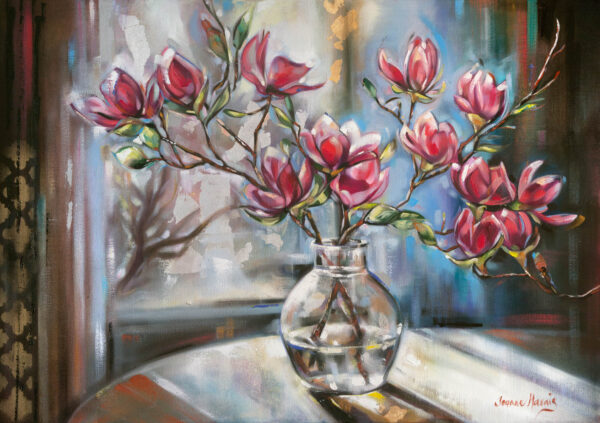 Magnolia Blooms - Oil painting of a glass vase with vibrant pink magnolias on branches sitting on a table. Soft light filters through a window, creating a tranquil, warm atmosphere.