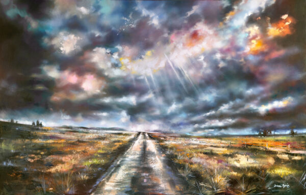 Boundless Freedom - Giclée print of oil painting of a dirt road stretching into the horizon under a dramatic sky, with sun rays piercing through dark, colorful clouds. The landscape feels vast and contemplative