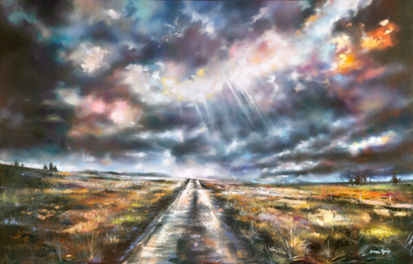 Boundless Freedom - Oil painting of a dirt road stretching into the horizon under a dramatic sky, sun rays piercing through clouds.