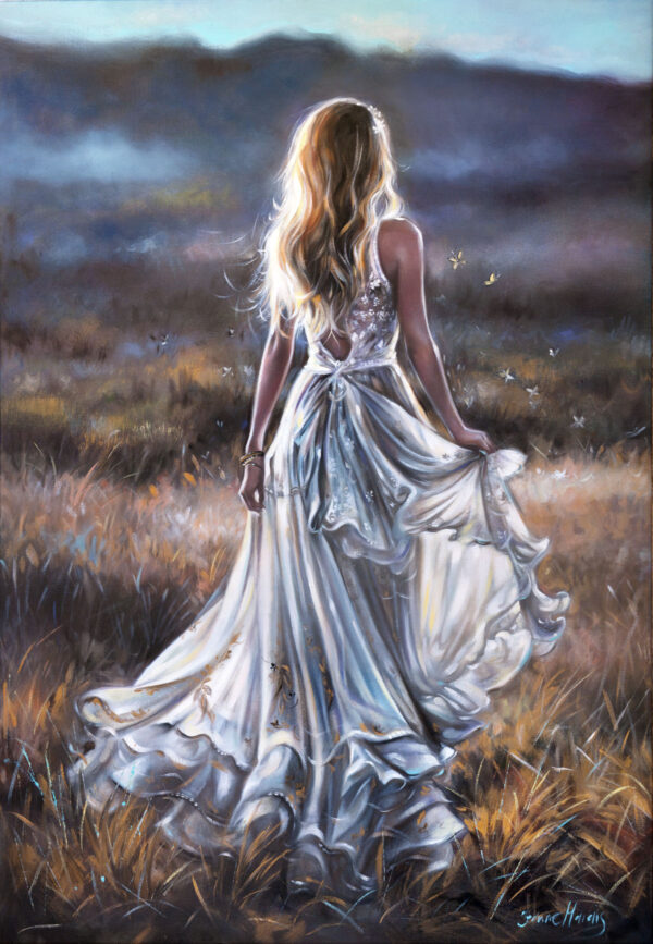 Clear Intentions - A woman with long blonde hair standing in a flowing white dress in a sunlit meadow, her back to the viewer, facing distant hazy mountains. The scene is serene and ethereal.