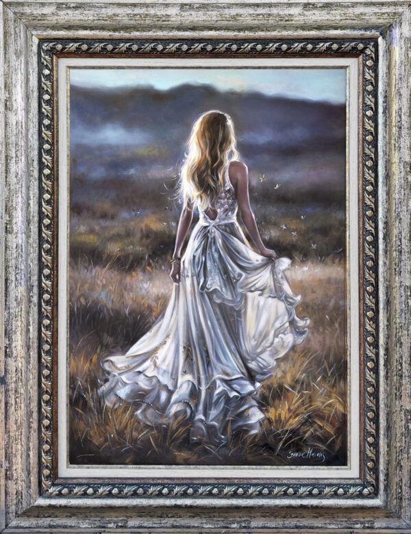 Clear Intentions - A woman with long blonde hair standing in a flowing white dress in a sunlit meadow, her back to the viewer, facing distant hazy mountains. The scene is serene and ethereal.