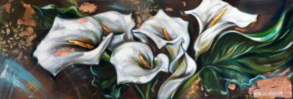 Calla Lilies - Giclée print of oil painting of five white calla lilies with green leaves, accented by abstract brown and gold background elements