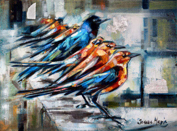 Mutual Interest - Giclée print of oil painting of six colorful birds perched in a row on a textured, abstract background. The birds are rendered in bright orange, blue, and black hues.